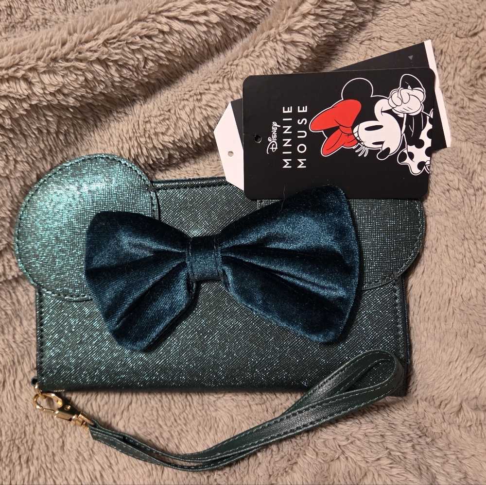 Disney Minnie Mouse Teal Glitter Tech Wallet Wristlet, EUC.